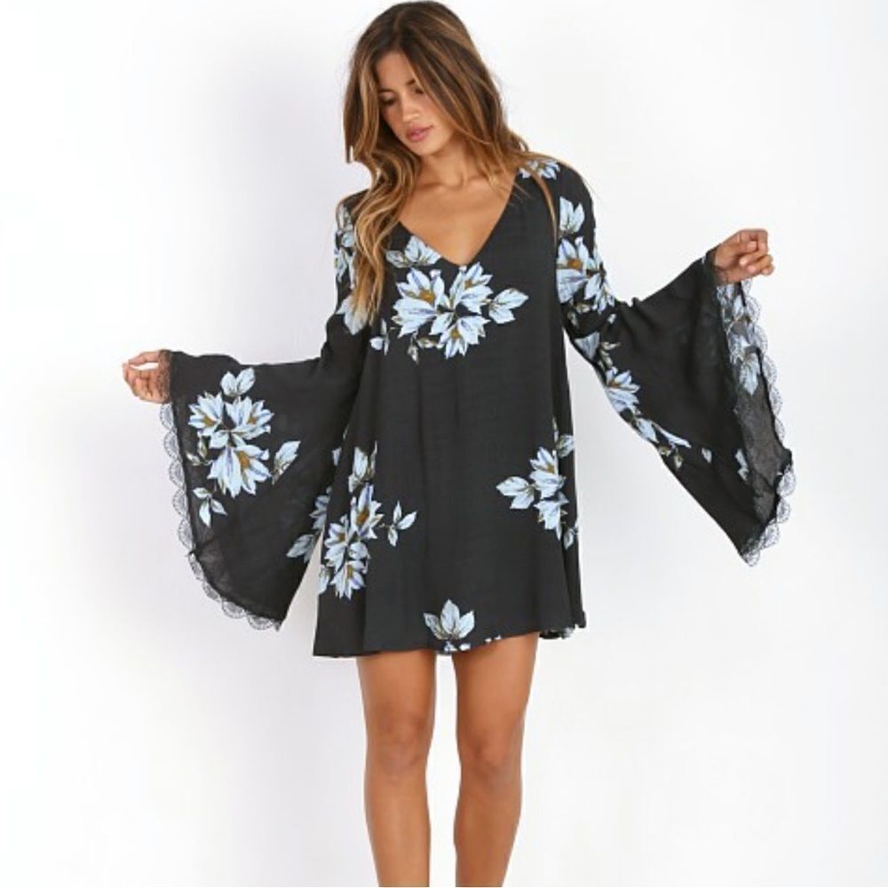 Free People Wanderer Bell Sleeve Mini Dress Boho Floral Medium Charcoal - Picture 2 of 11